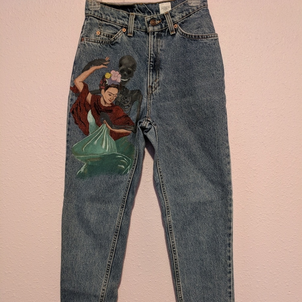 OOAK VINTAGE FRIDA KHALO HIGH WAISTED JEANS - Picture 3 of 5